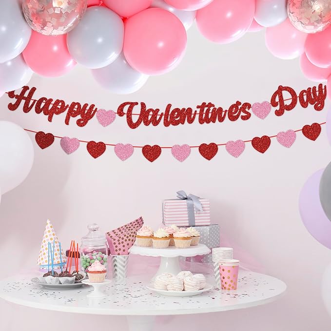 Happy Valentines Day Banner Glitter Valentines Banner Red Pink Heart Garland - Image 9