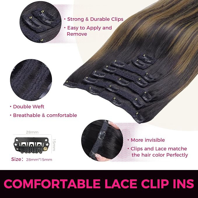 Lashey Clip in Hair Extensions Human Hair 24 Inch 120g 7pcs Remy Human Hair Long Straight Clip in Hair Extesnions Natural Black Mixed Chestnut Brown Human Hair Clip in Hair Extensions