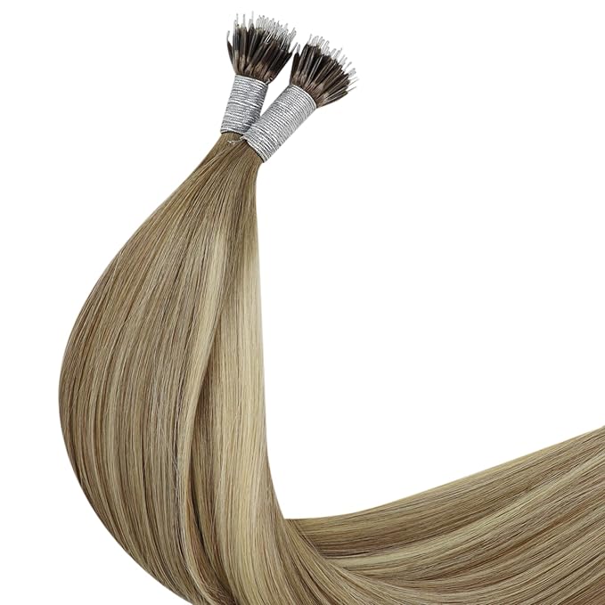 YoungSee Nano Hair Extensions Human Hair Ombre Nano Ring Hair Extensions Light Brown with Platinum Blonde Nano-Bead Hair Extension Human Hair Balayage Brown 14inch 50g 50s for Wedding