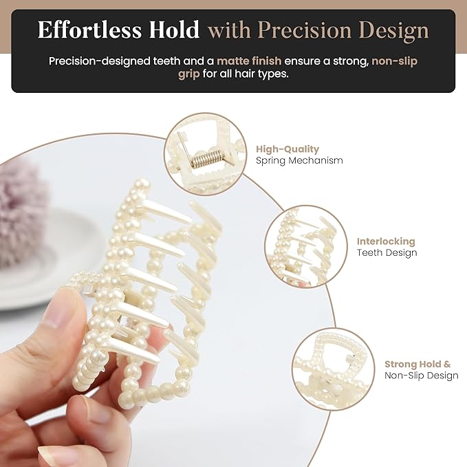 5 PCS Simulated Pearl Hair Claw Clips for Women | Multi-Use Barrettes for Thin Hair with Non-Slip Strong Hold | Barrettes for Thick & Curly Hair Accessories | Flat Claw Clips for Women, Off-White