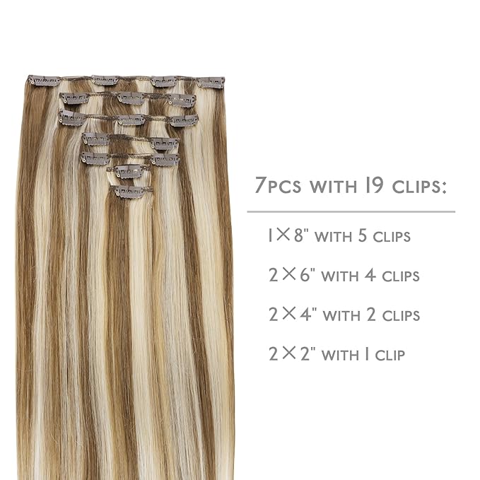 WENNALIFE Clip in Hair Extensions Real Human Hair, 14 Inch 120g 7pcs Ash Brown with Platinum Blonde Highlights Remy Hair Double Weft Straight Natural Extensiones De Cabello Humano Con
