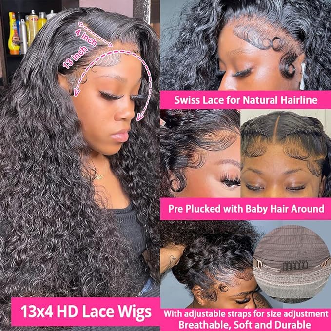 Deep Wave Lace Front Wigs Human Hair 180% Density Curly Lace Front Wig Human Hair Wet and Wavy Wig 13x4 HD Lace Frontal Wigs 20 Inch Glueless Curly Wigs for Black Women Pre Plucked