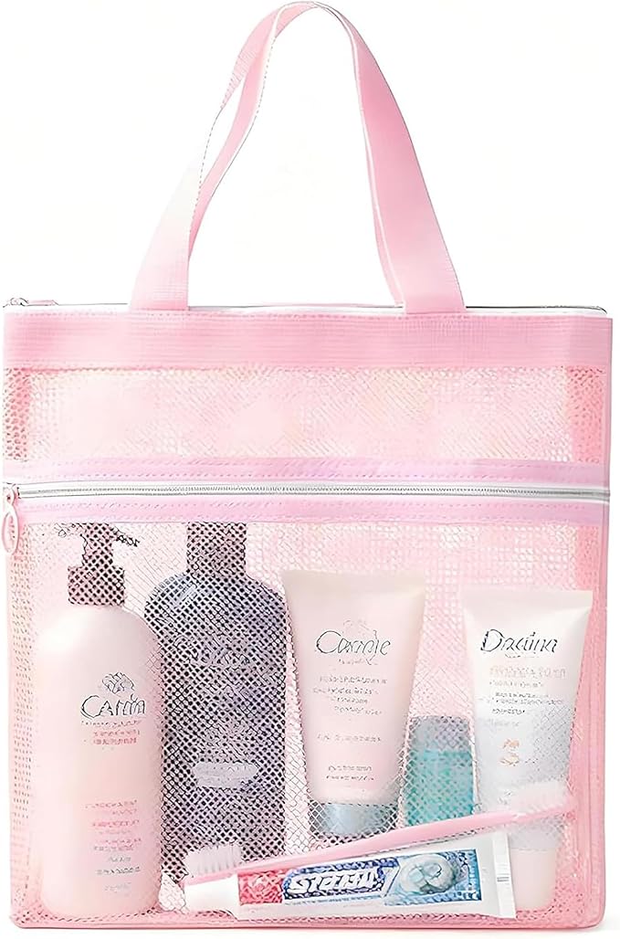 Mesh Shower Caddy Portable Quick Dry Tote Bag with Zipper & 2 Pockets, Large Caddy Mesh Shower Organizer for College Dorm, Swimming, Gym, Beach, Travel Essentials (Pink)