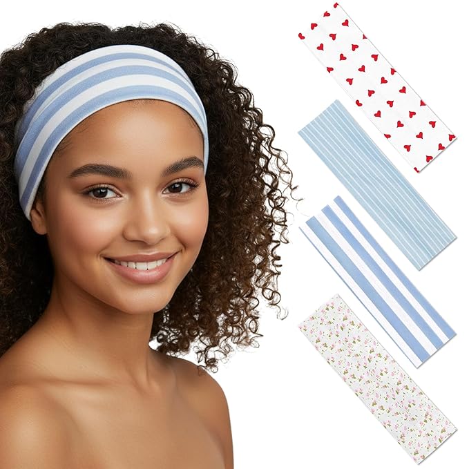 Stretchy Striped Headbands for Women & Girls 4 Pack Soft Headbands for Yoga Gym Hair Wrap Cute Elastic Hair Bands