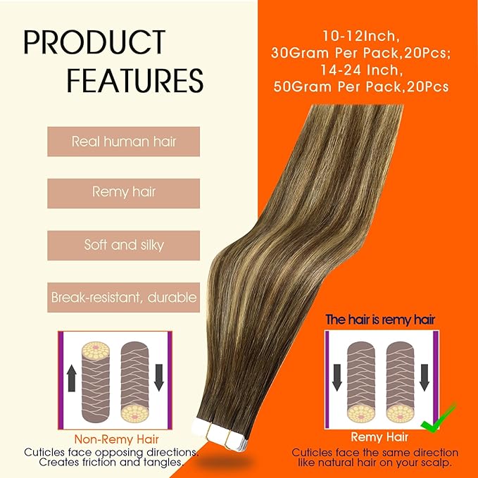 Full Shine Tape in Hair Extensions 18Inch Skin Weft Invisible Tape in Human Hair Medium Brown to Honey Blonde Real Human Hair Extensions Tape ins 50G Balayage Hair Extensions for Wedding 20pcs 4/24/4