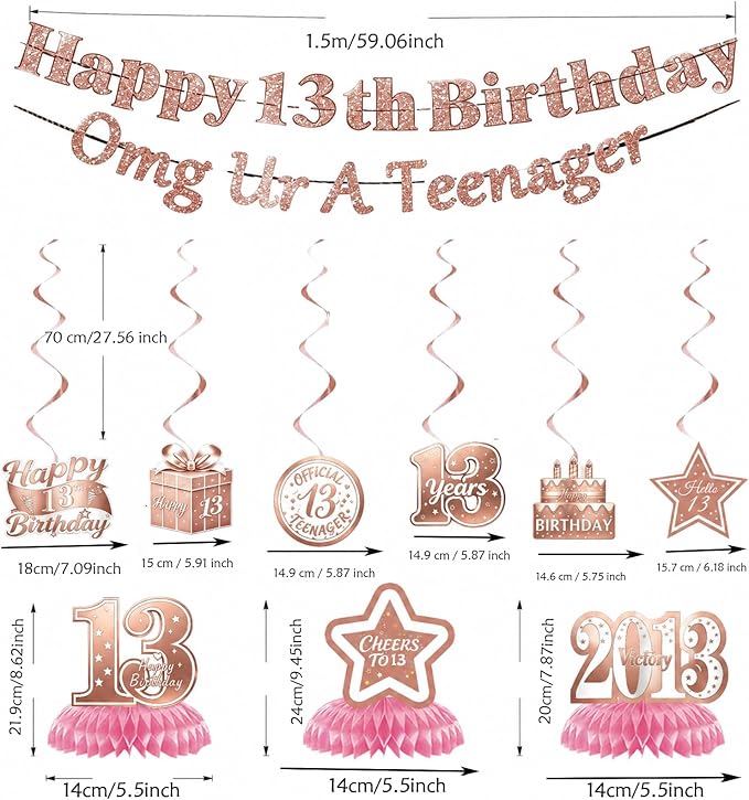 13th Birthday Decorations For Girls, Pre-Strung Rose Gold Happy 13th Birthday & - Image 4