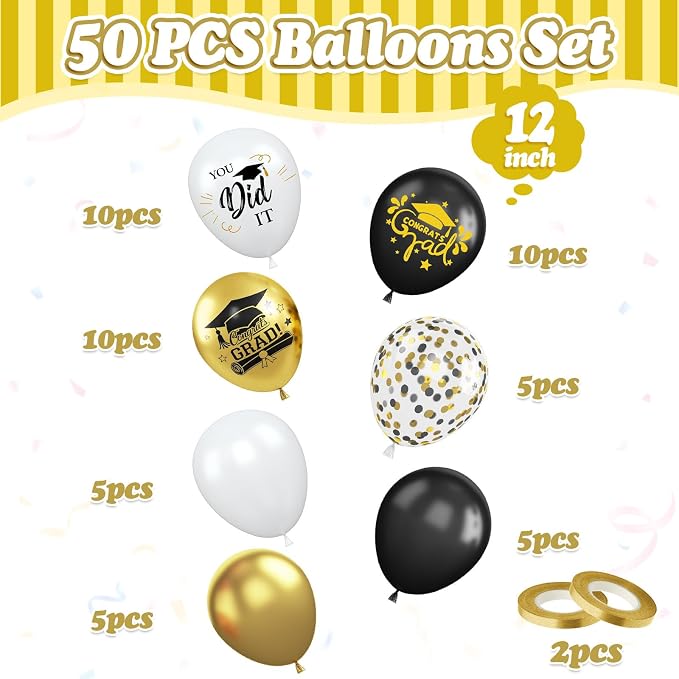 FunHot Black Gold Graduation Balloons, 12 Inch Black Gold White Confetti Grad - Image 2