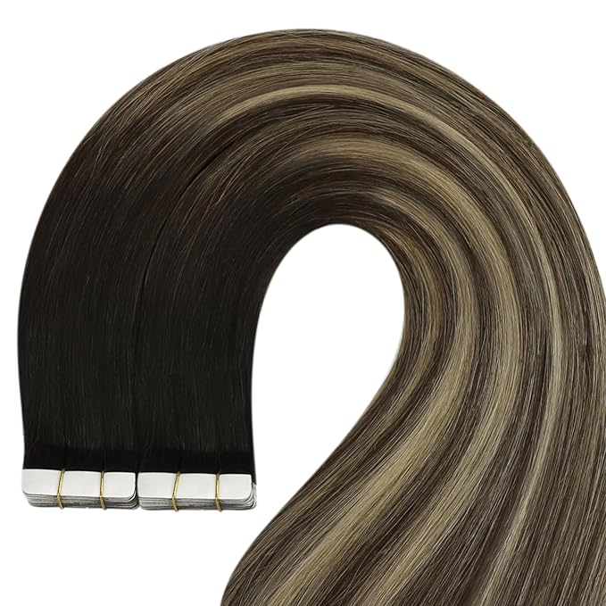 YoungSee Human Hair Tape in Extensions Black Balayage Tape in Hair Extensions Human Hair Black Ombre Brown with Caramel Blonde Tape-in Extension Ombre Hair Extension Tape-in 16 Inch 20pcs 50g