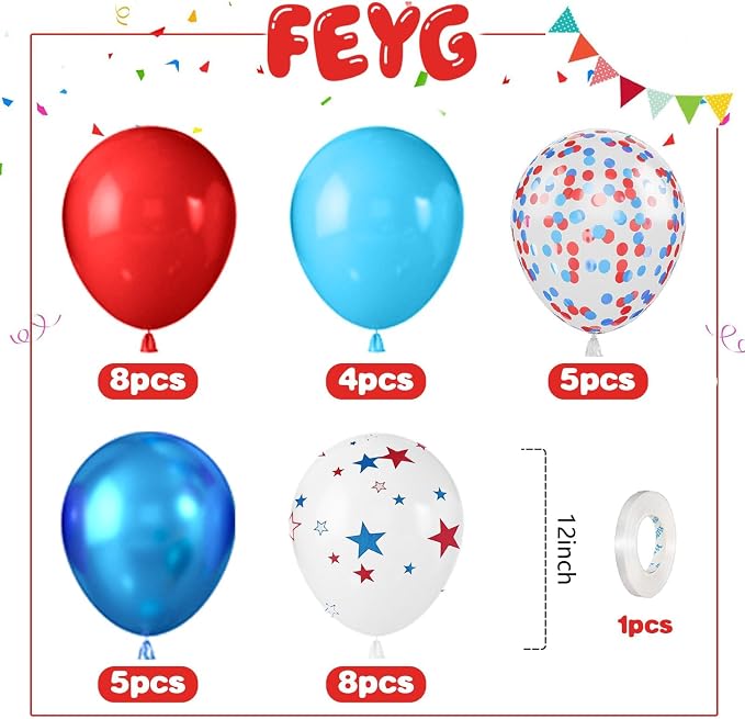 Red Blue White Balloons, 12 Inch Star Printed Red White and Blue - Image 2