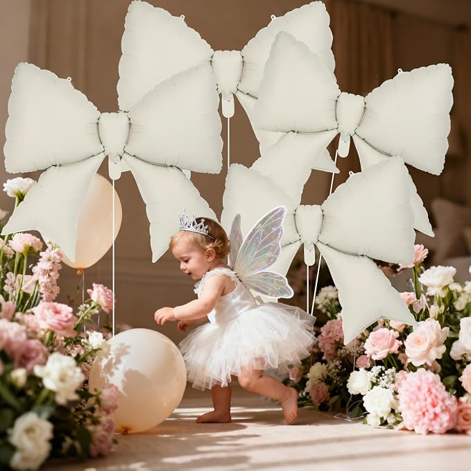 6 Pcs Beige Bow Balloons for Girls, 38 Inch Bow Foil Balloons, Bows Gender - Image 6