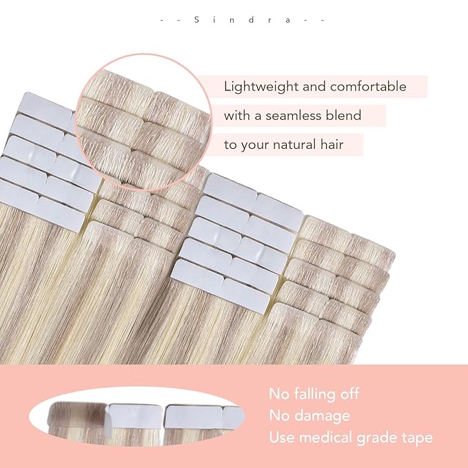 Sindra Invisi Edge Tape in Hair Extensions Human Hair Dirty Blonde Highlighted Bleach Blonde 50g Injected Tape-ins Straight Seamless Invisible Extensions 18 Inch 20pcs