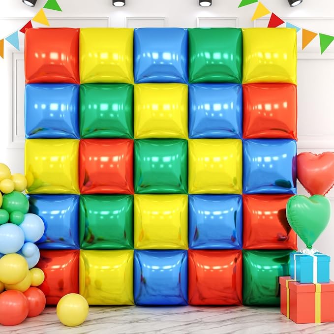Red Yellow Blue and Green Double Sided Square Foil Balloons Wall, 19 Inches by FEYG