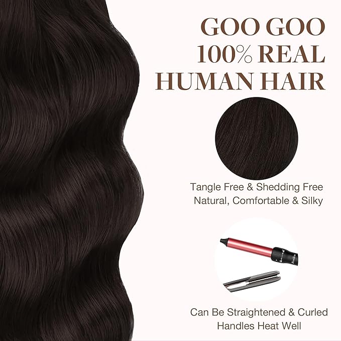 GOO GOO Tape in Hair Extensions Human Hair, 2 Dark Brown, 16inch 50g 20pcs, Thick Ends Straight Seamless, Invisible