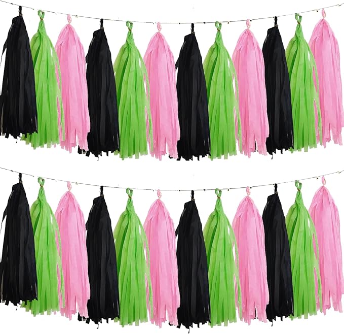 Black Pink and Green Tissue Paper Tassels Party Tassel Garland Banner by We+Moment