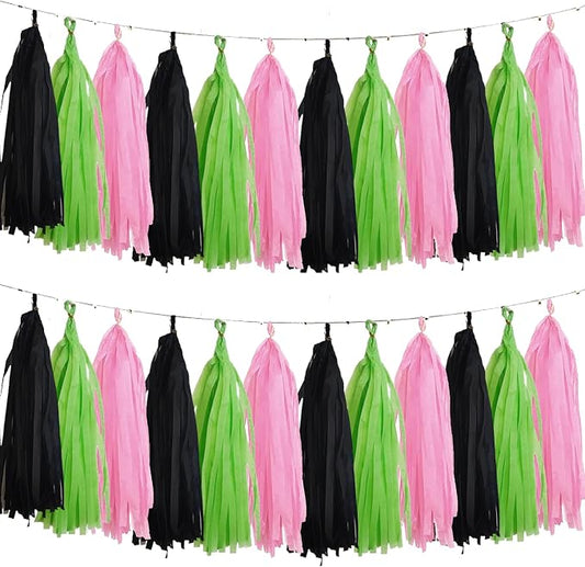 Black Pink and Green Tissue Paper Tassels Party Tassel Garland Banner by We+Moment