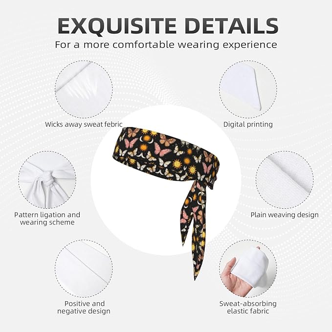 Men Women Novelty Sports Sweatbands Head Decor for Running Athletic Shower, Elastic Multifunction Goth Butterfly Moth Sun Moon Head Ribbon Headdress