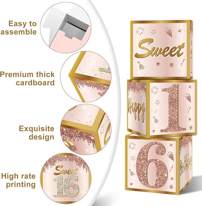 Guiruiy 3Pcs Sweet 16 Party Decorations Balloon Gift Boxes - Image 3