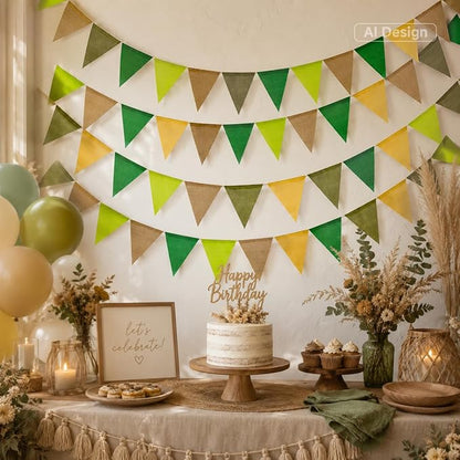 G2PLUS Pre-Strung Burlap Pennant Banner, 65Ft Sage Green and Yellow Triangle - Image 7