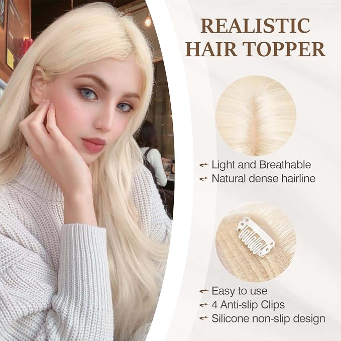 Rich Choices Hair Toppers for Women Real Human Hair 100% Human Remy Toppers NO Bangs for Women with Thinning on Top Clip in Hairpiece 4"x4.7"Lace Base 12 Inch #60 Platinum Blonde