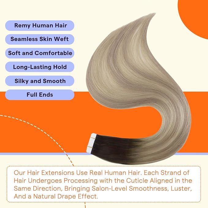 Full Shine Tape in Extensions Color 2 Fading to 18 Ash Blonde Highlight 60 Blonde Invisible Remy Human Hair Extensions Tape in 18 Inch 50g Seamless Skin Weft Extensions for Women Real Hair 20PCS