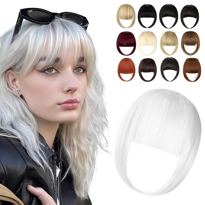 Clip in Bangs, Synthetic French Bangs Hair Clip, Fake Bangs Fringe with Temples Hairpieces for Women Natural Curved Hair Extensions for Daily Wear Silver Grey
