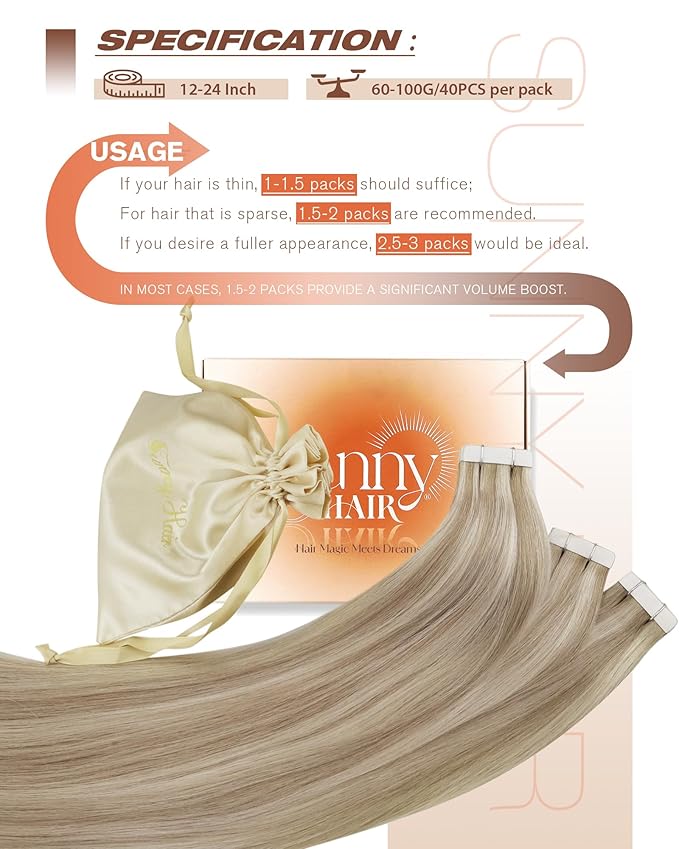 Sunny Hair Tape in Hair Extensions Real Human Hair Invisible Remy Hair Extensions Tape ins for Women Ash Blonde Highlight Bleach Blonde with Pink Hue 12 inch 40pcs 60g