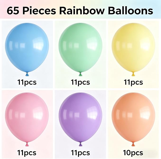 Rainbow Balloons, 65 Pieces Multi Colorful Latex Balloon - Image 2
