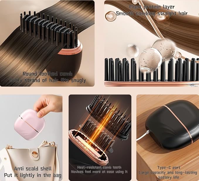 Mini Straightener - 3-Speed Temperature Control Rechargeable Hair Straightener Brush,Anti Scald Shell，Lightweight Portable Heatable Home Travel Gifts (2)