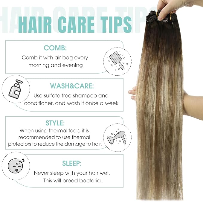 YoungSee Balayage Clip in Hair Extensions Real Human Hair Chocolate Brown Roots to Medium Brown with Blonde Ombre Clip in Extensions Human Hair Clip ins for Women 14inch 120g