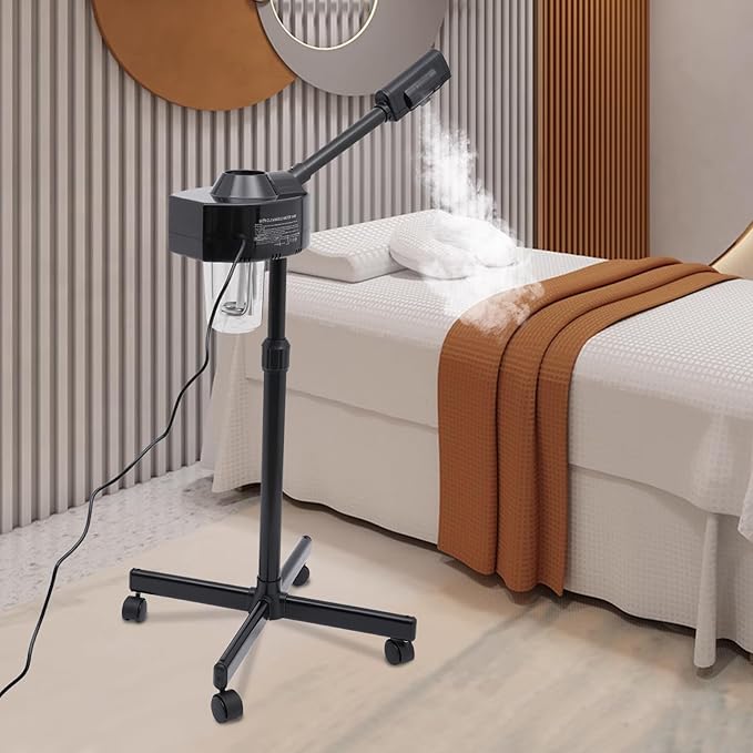 Professional Facial Steamer, 800W Black Skin Care Equipment w/Wheels, 600ml Large Capacity Face Steamer Machine for Beauty Salon, 360°Rotating Head Hot Mist Steamer for Oily Dry Neutral Skin