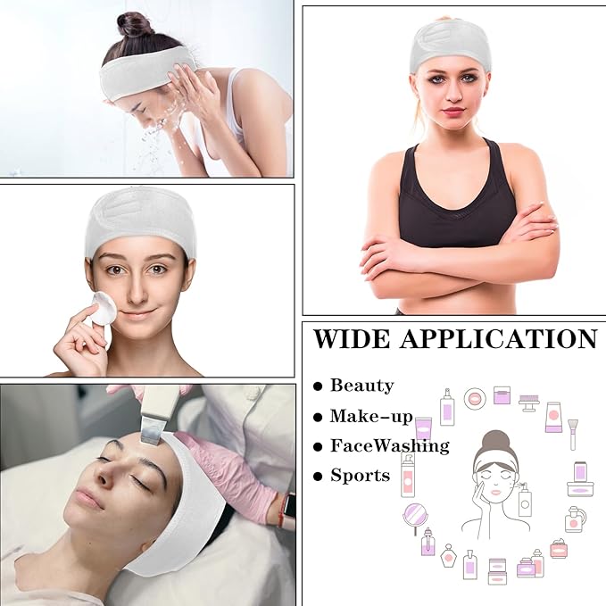 30 Pcs Spa Headband, Facial Head Wrap for Women Adjustable Makeup Stretch Towel with Tape Fit Face Washing Shower Facial Mask Yoga(White)
