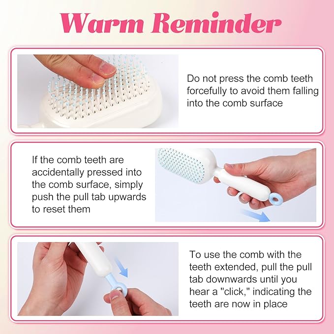 Self Cleaning Hair Brush, Retractable Cushion Massage Comb,Air Cushion Comb,Easy Clean,One-pull Clean Anti Static Brushs, Hairs Styling Tools for All Hairs Types (Pink)