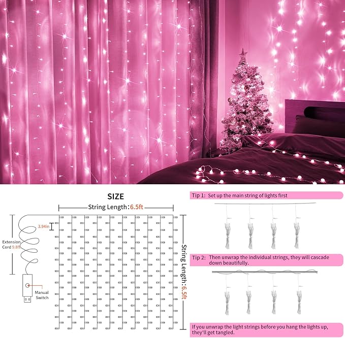Curtain Lights for Bedroom, 200 Led 6.5ft x 6.5ft Hanging String Lights Outdoor - Image 5