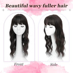 Hair Topper, 360° 3D Hair Toppers for Women with Thinning Crown, 20 Inch Long Wavy Curly Hair Pieces Clip in Bangs (Brown Black, 20 inch, French Bangs)