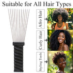 COOKOO 2 Pack Metal Afro Hair Styling Combs Curly Hair Styling Wide Tooth Afro Pick Hairdressing Styling Tool Classic Black Handle Design for Women and Men