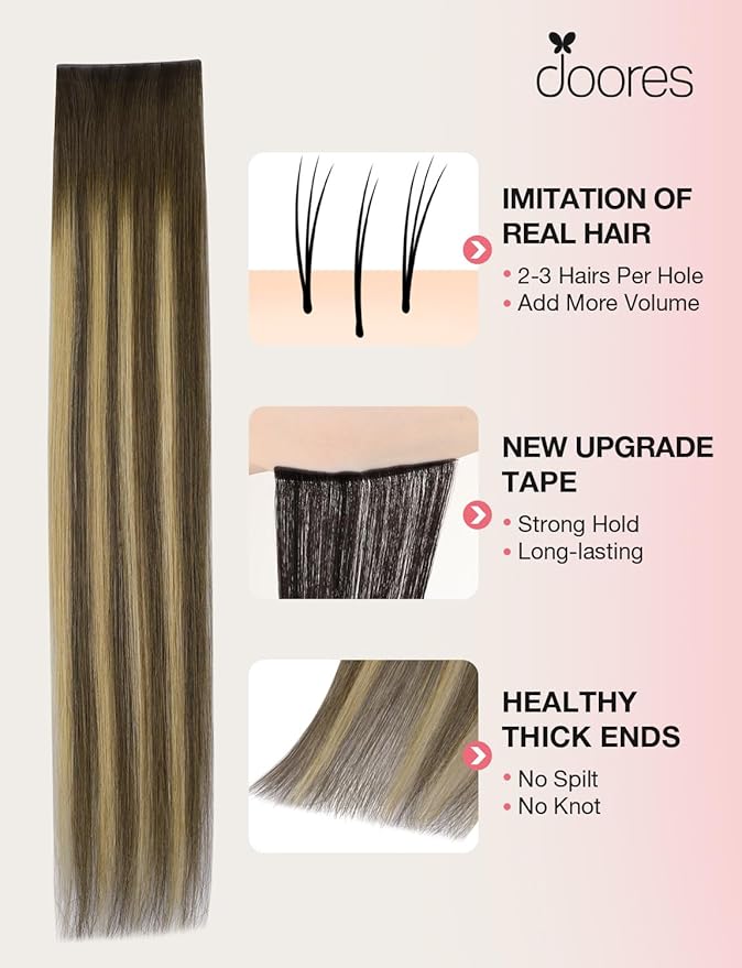 DOORES Invisi Edge Tape in Wide Hair Extensions Human Hair, Chocolate Brown to Caramel Blonde 4PCS Injection Tape ins 20g 18 Inch, Virgin Human 3 Inch Wide Injected Extensions Invisible