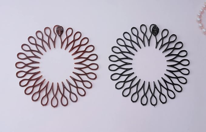 Sowaka 4 Pcs Circular Stretch Comb Plastic Black Brown Circle Spring Headband Flexible Hair Wrap Holder for Women and Girls, Outgoing Sports Accessories (8 shape - black and brown)