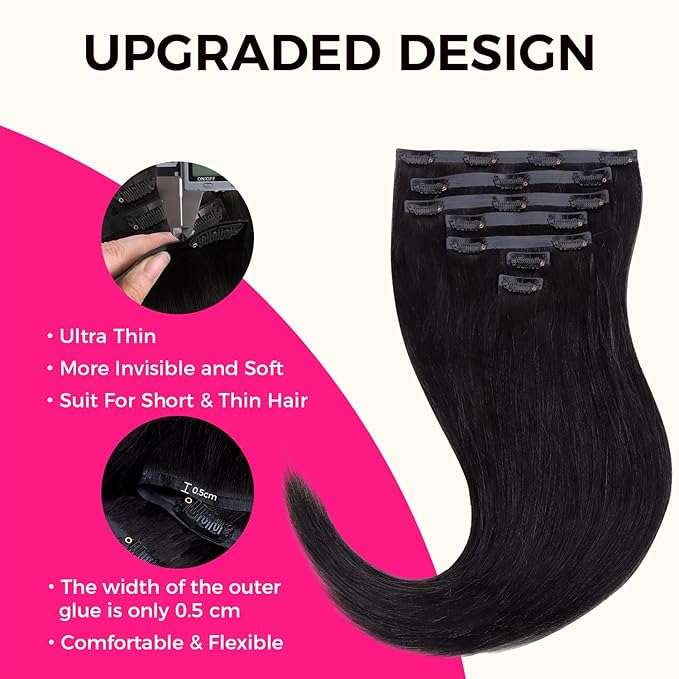 Lashey Seamless Clip in Hair Extensions Human Hair #1 Jet Black Light Yaki Straight Clip in Extensions Real Human Hair 7pcs 110g 14 Inch PU Weft Natural Hair Extensions for Women