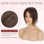 Human Hair Topper with Bangs for Women, 360° Cover Clip in Curtain Bangs Hair Toppers Hair Piece Dark Brown-3.15x4.33 Hand-tied Base (Dark Brown)