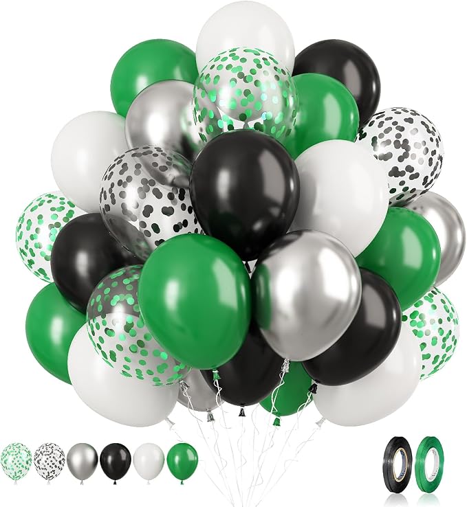 Dark Green Balloons Set, Confetti & Metallic Silver Latex by BIAPIAN