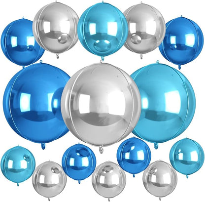 15 Pcs Blue and Silver Round Foil Balloons, 22/15/10 Inch 4D Ball Balloons Blue by Sowide