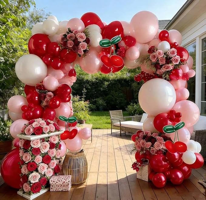 Red Pink Balloon Arch Double Stuffed Latex Pink White Pearl Balloons Red Green by Captank