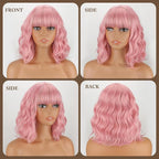 MISSQUEEN Pink Wig with Bangs Short Pink Wavy Wigs for Women 12in Natural Heat Resistant Fiber Synthetic Curly Light Pink Bob Wigs for Women Girls Daily Party Holiday Festival Chrismas Used