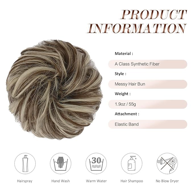 FESHFEN Messy Bun Hair Pieces - Large Wavy Curly Elastic Hair Bun Scrunchies Ponytail Extensions Synthetic Chignon Hairpieces for Women, Golden Brown & Bleach Blonde 1.94oz