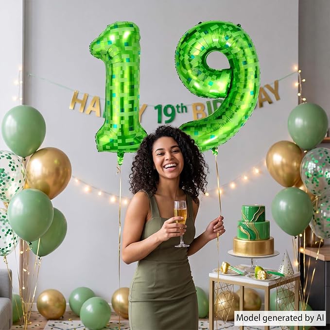 40 Inch Lime Green Pixel Number 19 Balloon, Final Teen Gamer Bday Decor | 40" - Image 6