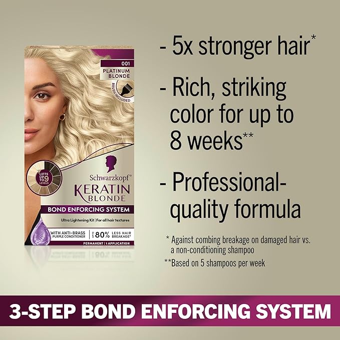 Schwarzkopf Keratin Blonde Hair Dye Platinum Blonde 001, Ultra Lightening Kit, 1 Application - Hair Bleach Enriched with Keratin, Lightens up to 9 Levels and Protects Hair from Breakage (Pack of 2)