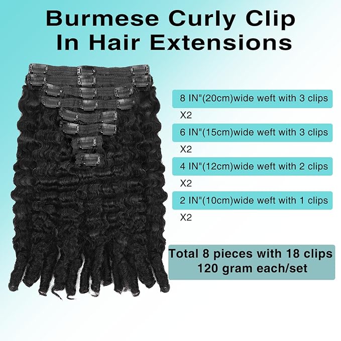 Burmese Curly Clip In Hair Extensions Real Human Hair 8pcs 120g/Set Spirally Curly Classic Clips Ins Full Head For Black Women 26 Inch Natural Black