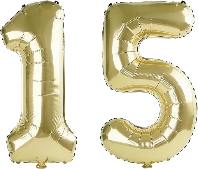 40 Inch Number 15 Balloons for 15th Birthday Party Decorations, 0-100 Champagne by FOBELEC