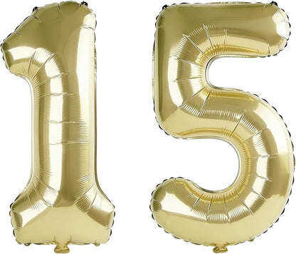 40 Inch Number 15 Balloons for 15th Birthday Party Decorations, 0-100 Champagne by FOBELEC