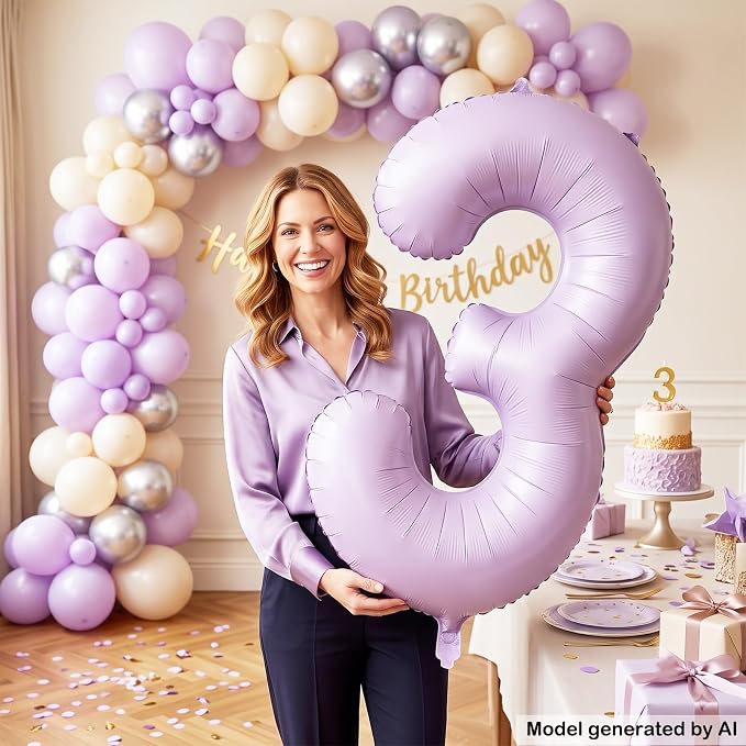 40" Pastel Purple Foil Number 3 Balloon - Image 4